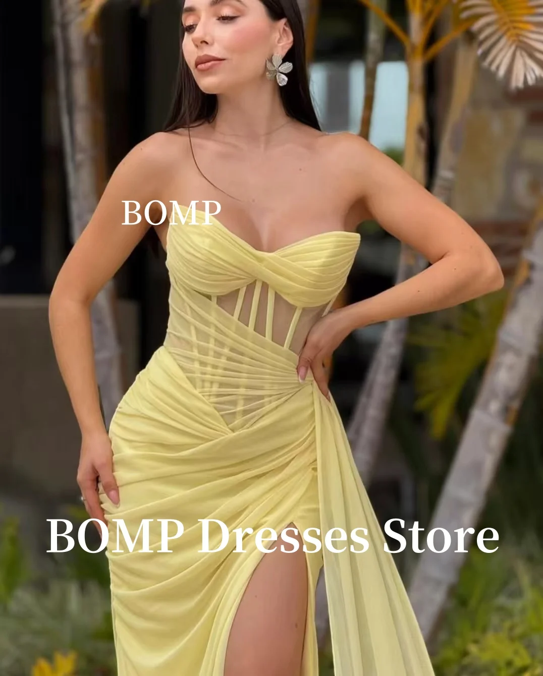 BOMP Abiti da sera sexy Illusion Side Corsetto con spacco alto Lunghezza pavimento Abito da ballo Abiti Pary Abiti personalizzati De Noche