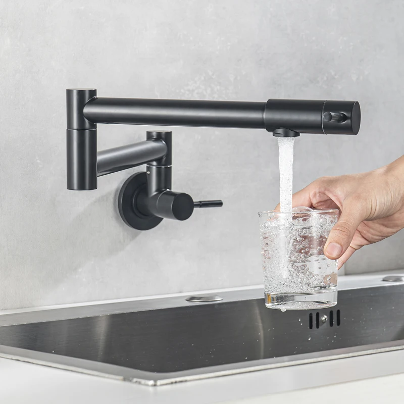 

Kitchen Sink Pot Filler Tap Wall Mount Single Cold Kitchen Folding Sink Faucet Double Joint Swing Arm Kitchen Sink Faucet Black