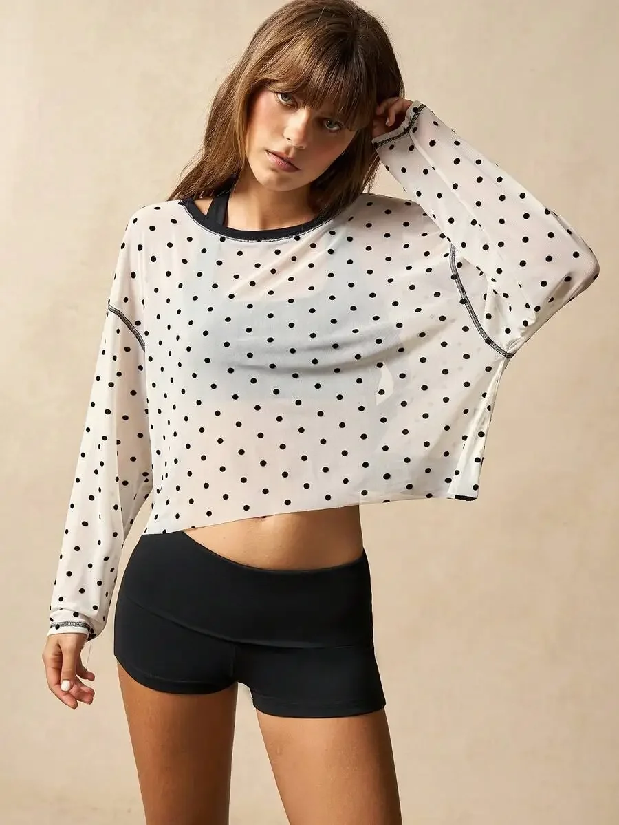 

Sheer Polka Dot Long Sleeve Crop Top With Open Back, Loose Fit For Yoga, Gym, Beach And Casual Wear