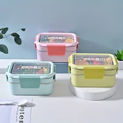 1pc Premium Rectangular Leakproof Lunch Box with Utensil - Stainless Steel Grids, Microwave Oven Safe, Programmable, Square Divi