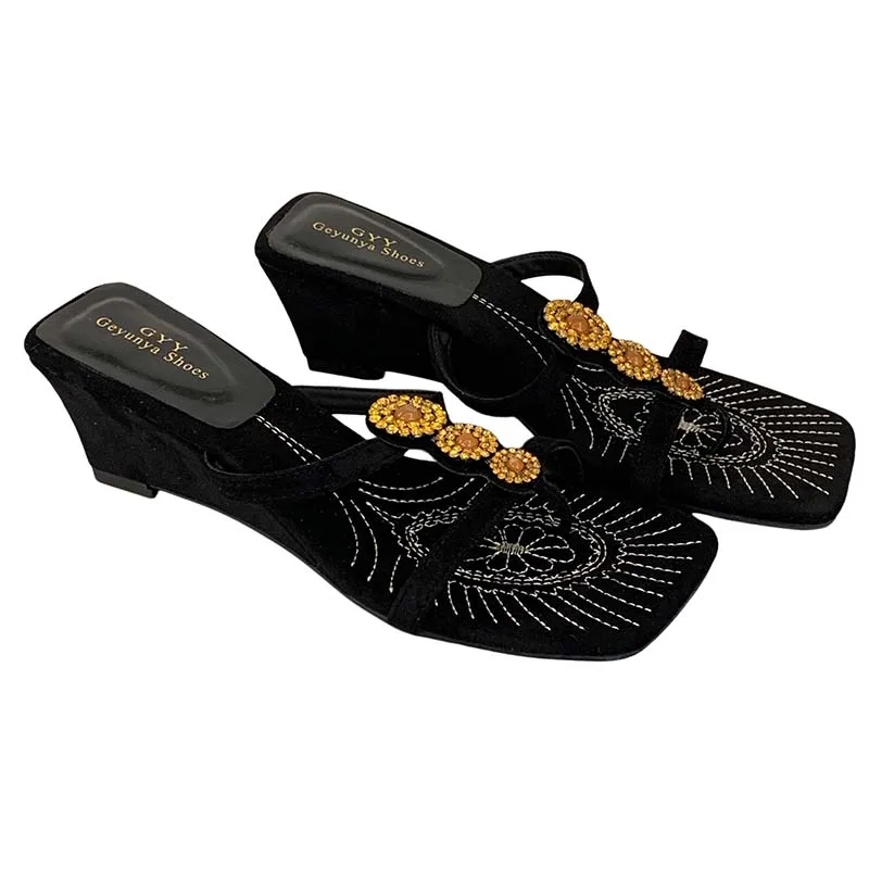 

Brown High Heels Sandals Black Slippers Summer Wedges Heels For Woman Retro Designer Shoes Rhinestones Ladies Sandals