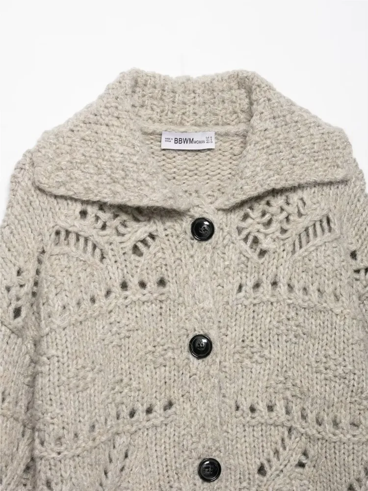 

Long Sleeve Single Breasted Loose Coat Casual Crop Top Women Cardigan Jacket 2026 Spring Chunky Knitted Hollow Out