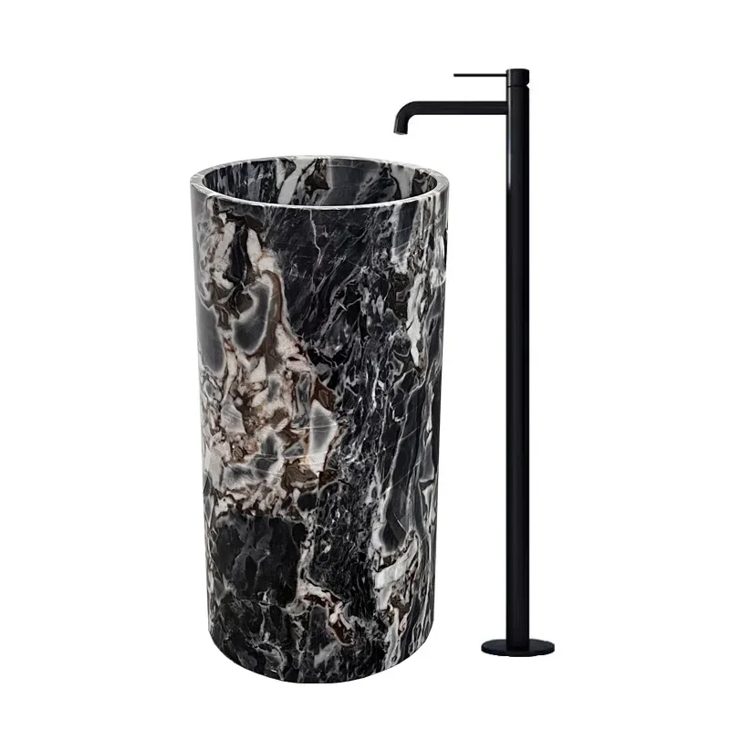 marble elephant white, Napoleon black, ocean storm bathroom hotel simple art integration, forming rough stone column basin