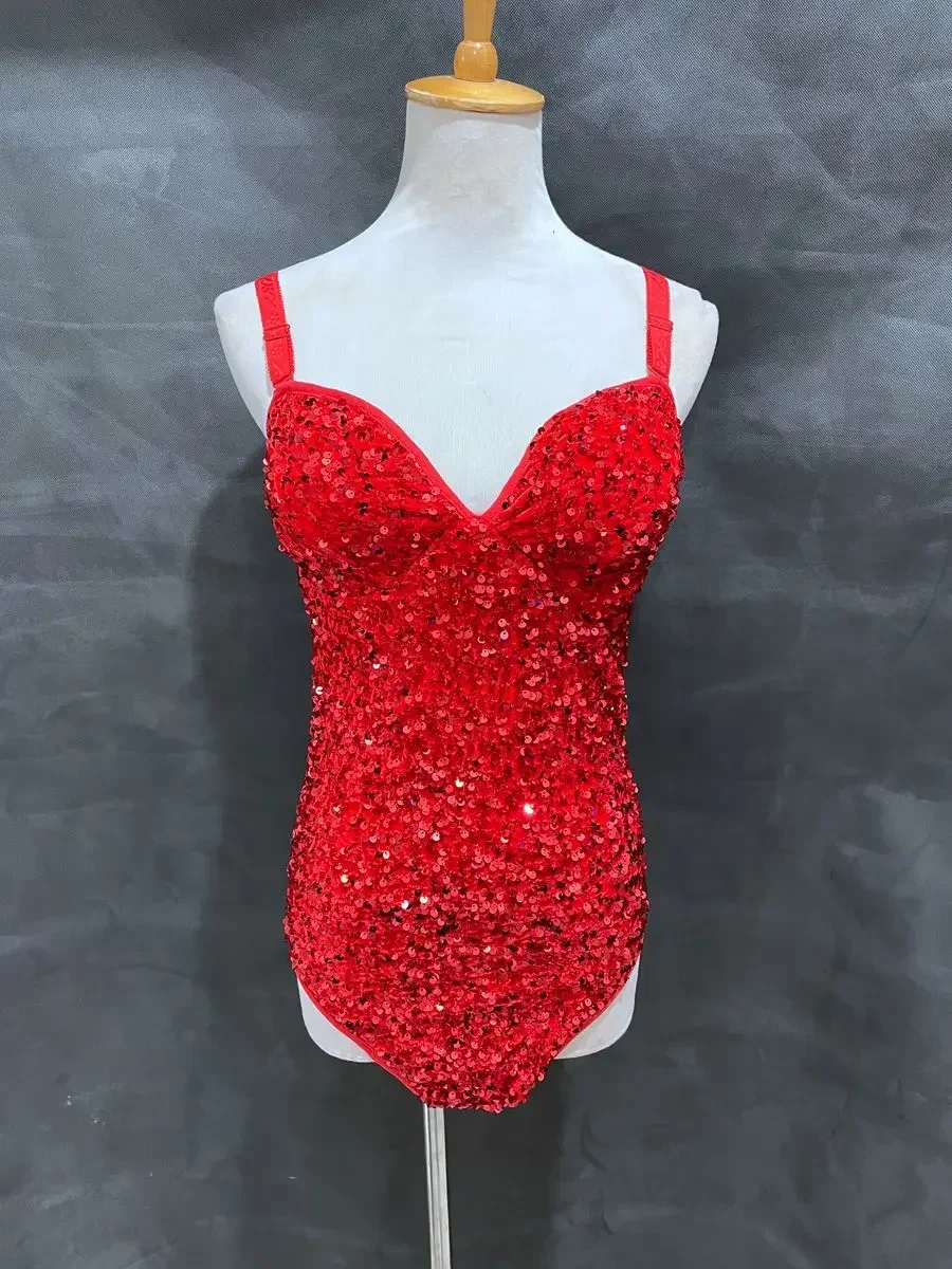 Bar Nachtclub DJ Sänger Tänzer Team Frauen Gruppe Kostüm Rot Schwarz Pailletten Elastische Sling Body Leistung Sexy Bühne Tragen