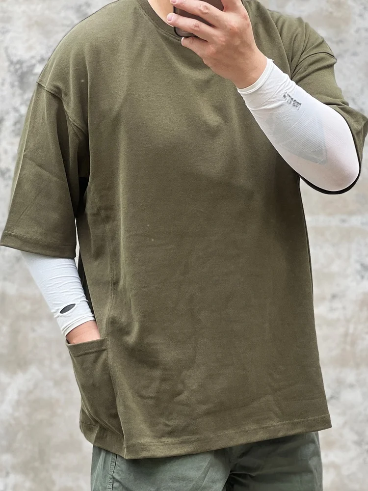 

Футболка свободного кроя с коротким рукавом в японском стиле, ретро, синяя этикетка BEMS, широкая модель, с множеством карманов, плотность 340 г/м², повседневная, из плотной ткани