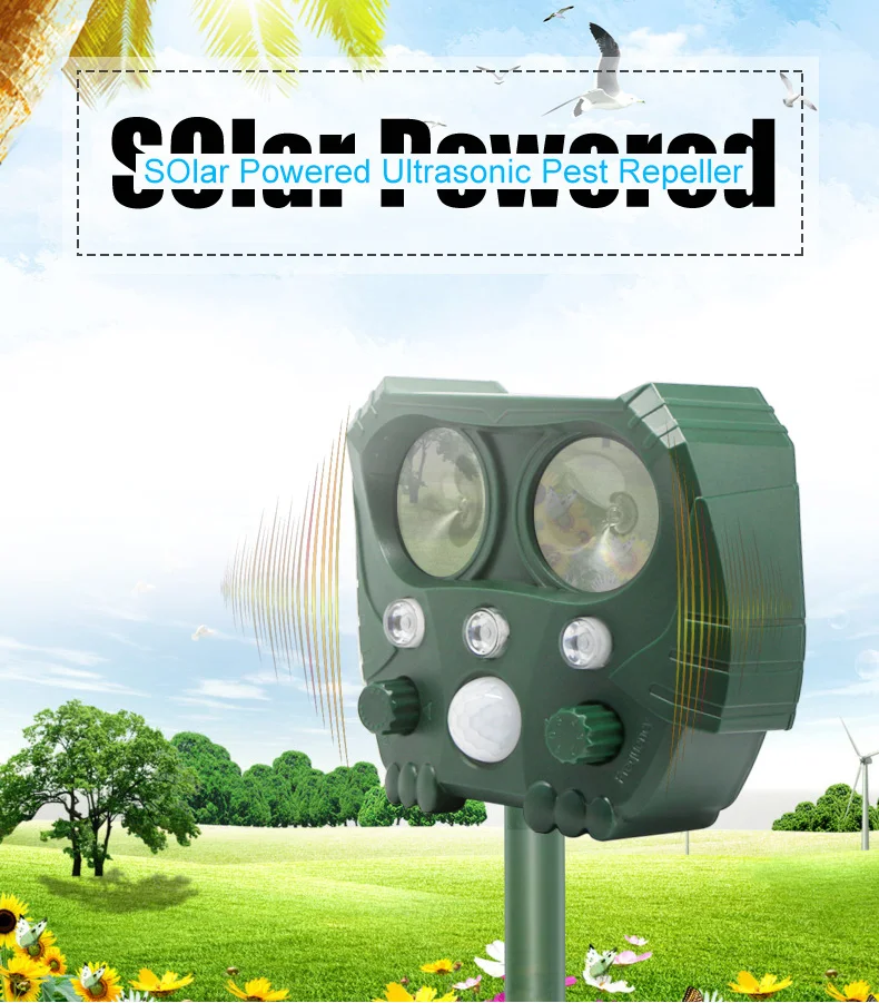 Solar Powered Animal Repeller Solar Ultrasonic Animals sonar Repellent Animal Repellent Deterrent Dog/Cat/Bird Repeller Frighten