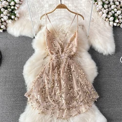 Summer Sxey V Neck Sequined Spaghetti Strap Dress Women Tie Bow Backless Party Dresses Lady Sleeveless Tank Short Mini Vestidos