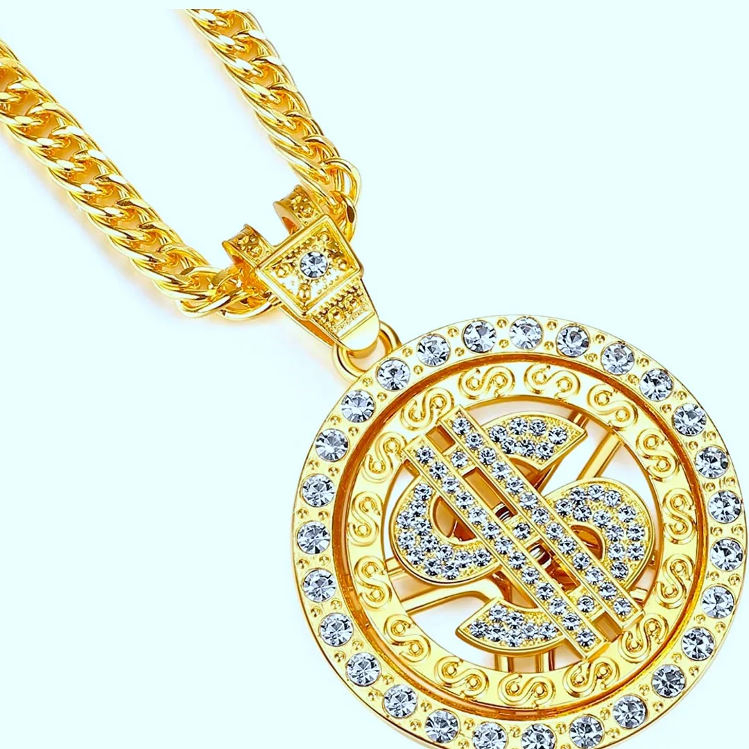 Collar de cadenas con colgante de dinero, símbolo rico redondo Punk Hip Hop de dólar estadounidense de circón de lujo para hombres y mujeres, regalo, joyería de moda