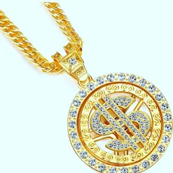 Luxury Zircon US Dollar Punk Hip Hop Round Rich Symbol Money Pendant Collar Chains Necklace for Men Women Gift Fashion Jewelry