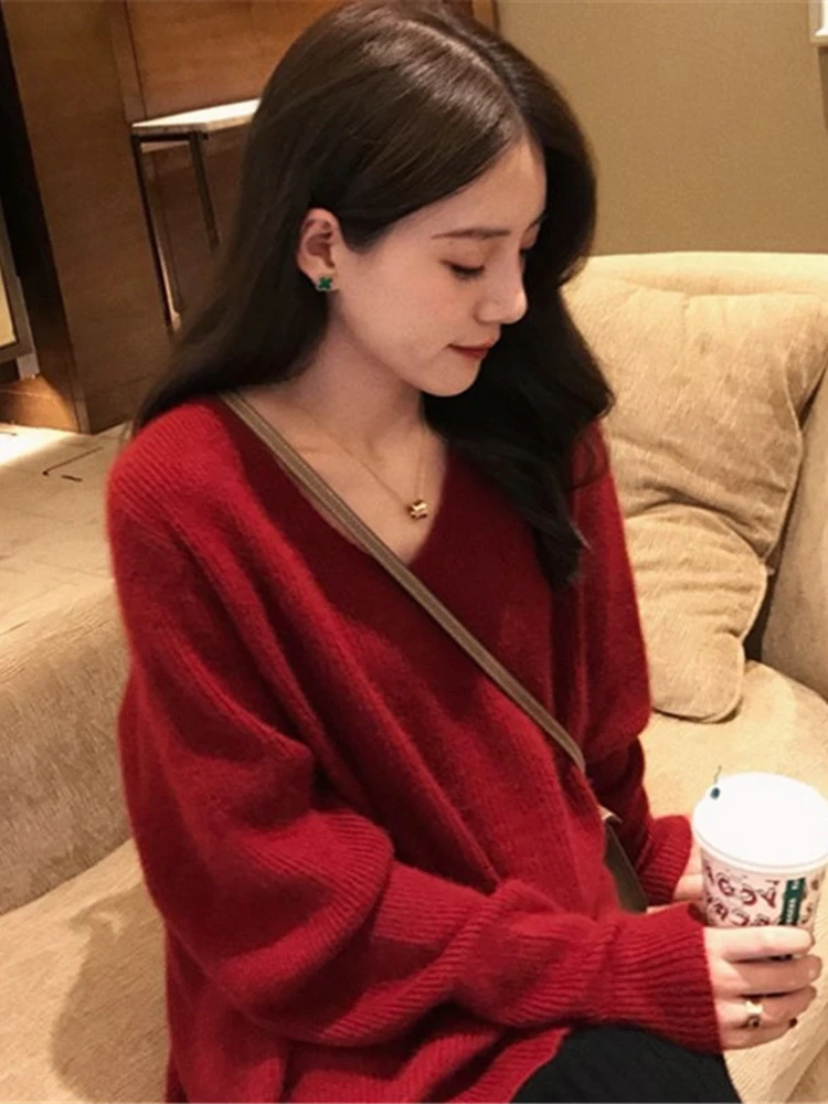 

Красный женский свитер Thiened Lazy Sle, весенний сезон, V-ne, длинный све, милый, свободный крой, цельный, однотонный