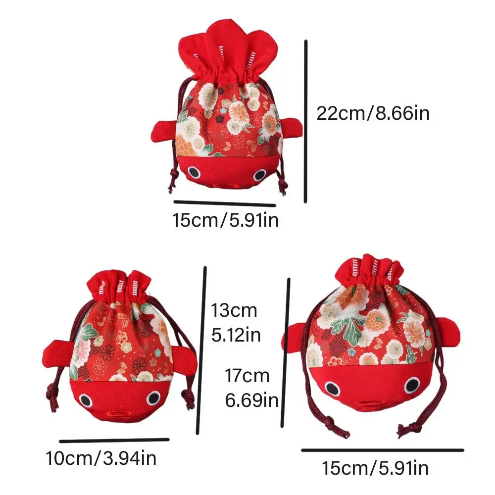 Cartoon Animal Canvas Flower Drawstring Bag Red Color Bag New Year Gold Fish Shape Handbag Coin Purse Korean Style