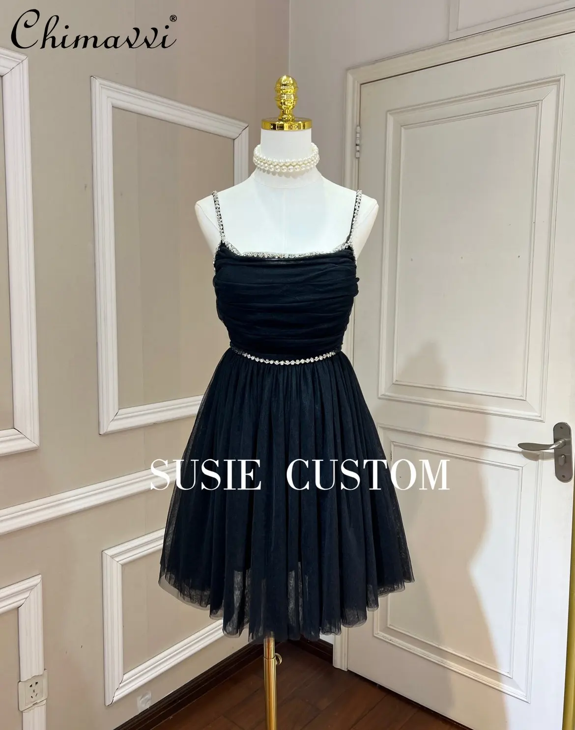 

Spring Summer Heavy Industry Rhinestone Chain Pleated Tube Top Waist-Tight A- Line Pettiskirt Swing Soft Mesh Dress Women Dress