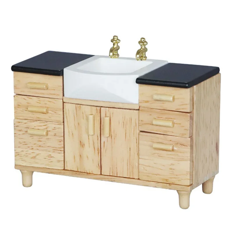 1/12 Wooden Wash Basin Cabinet with Ceramic Hand Sink Miniature Furniture Toys for Dollhouse Bathroom Kitchen Decoration