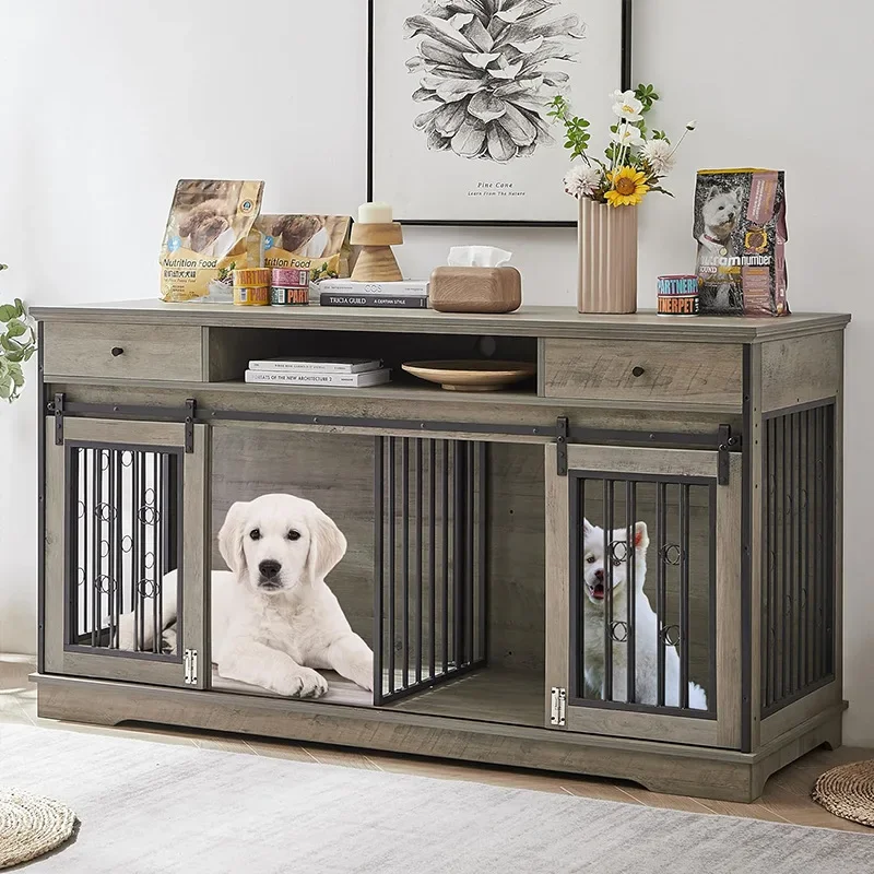 

2 Doors Large Dogs Kennel Wooden Heavy Duty Dog Cage Crate with Draws End Table Wood Pet House Furniture Indoor for 2 Large Dogs