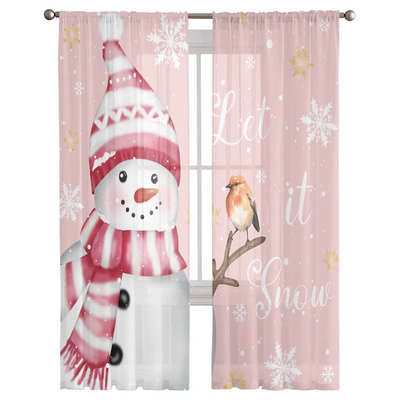 Christmas Snowflakes Snowman Robin Chiffon Sheer Curtains for Living Room Bedroom Decor Kitchen Window Voiles Tulle Curtain