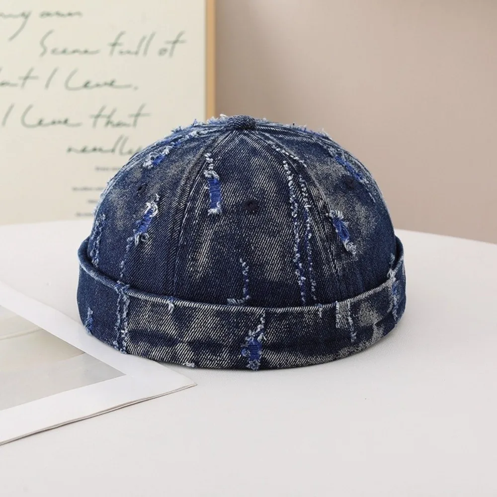 Broken Denim Docker Cap Cotton Polyester Blend Graffiti Print Brimless Beanie Without Visor Adjustable Frayed Edges