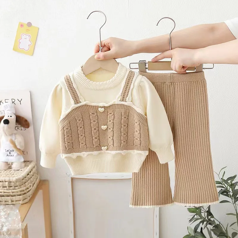 Kinder Mädchen Warme Strick Sets Gefälschte Zwei-stück Pullover Oansatz Niedlichen Pullover + Hohe Taille Geraffte Flare Hosen 2 stücke Kind Kleidung Set