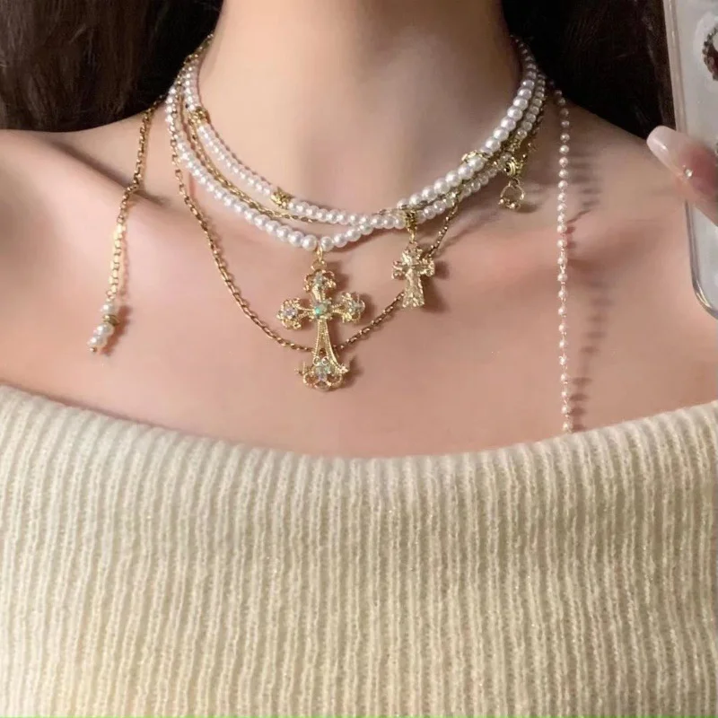 Fashion Exaggerated Cross Pendant Necklace Multilayer Pearl Short Collarbone Chain Personal Jewelry Accessories For Women