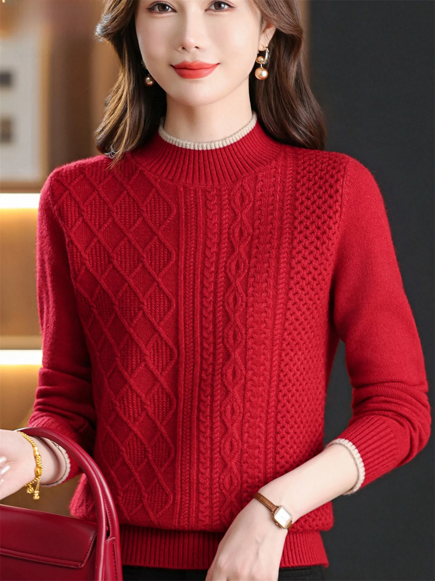 

Теплый вязаный свитер с высоким воротником для женщин, из тонкой крученой пряжи, универсальный и модный топ