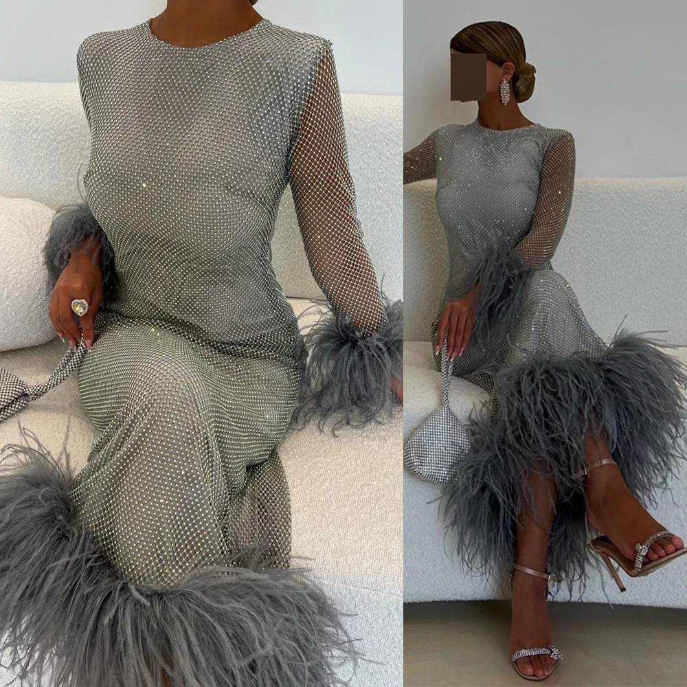 Round Neck Evening Party Dresses Long Sleeve Feathers Exquisite Sheath Prom Gown Illusion Ankle-Length فساتين مناسبة رسمية