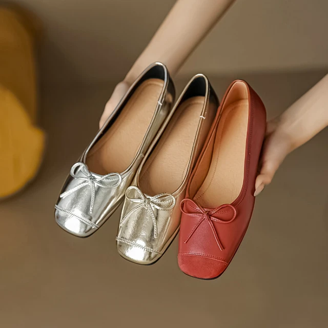 LeShion Of Chanmeb oro vera pelle donna ballerine scarpe basse argento carino papillon punta quadrata argento Ballerina scarpa rosso Comfort AliExpress