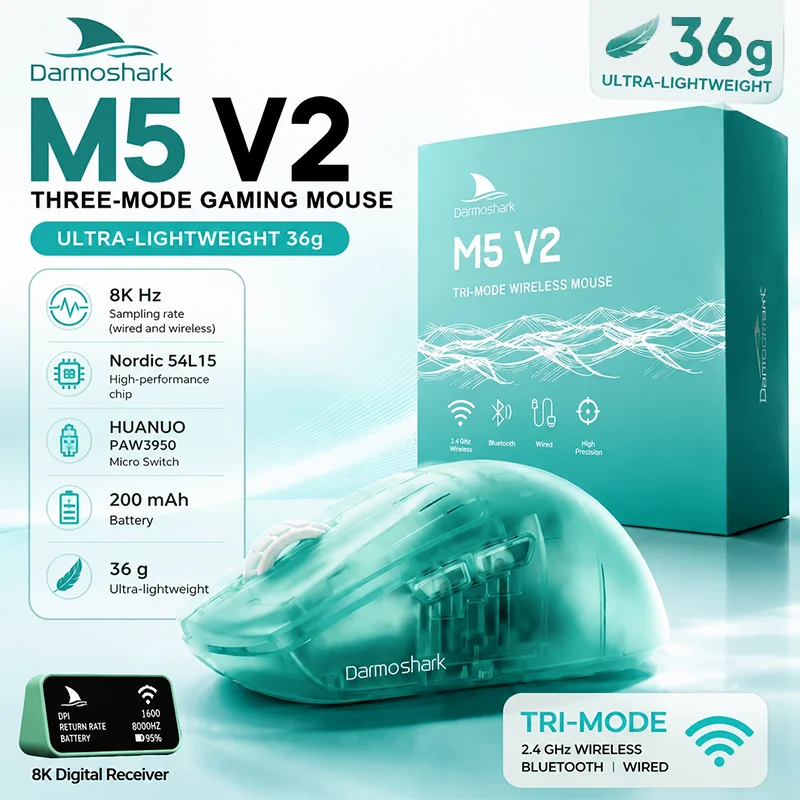 Darmoshark M5V2 Wireless Gaming Mouse PAW3950 N54L15 Dual 8kHz Finger Grip Mouse 30KDPI Esports Game Mice Lightweight Web Driver