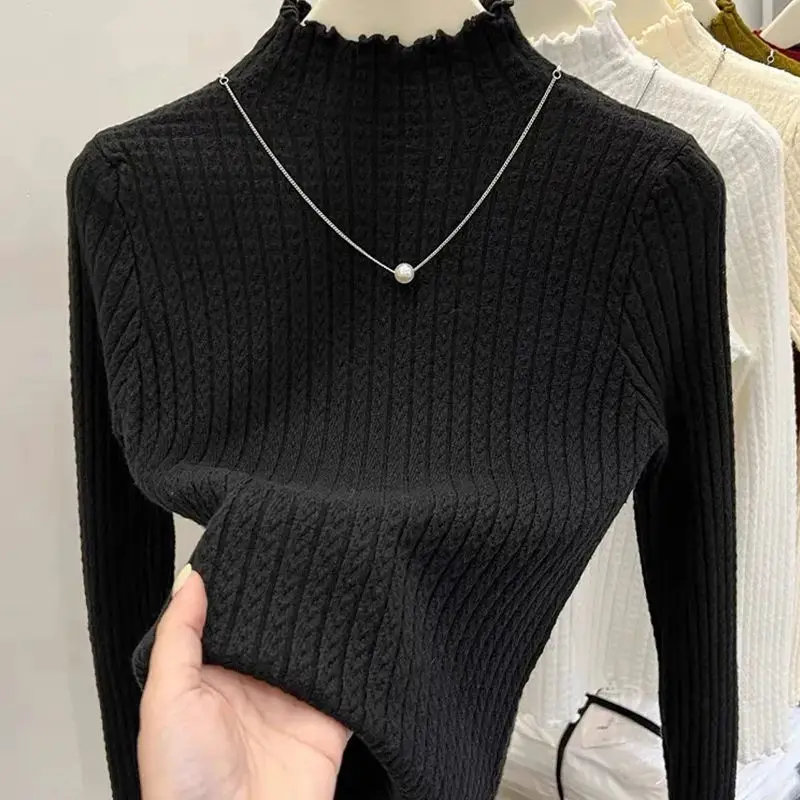 2025 Autumn Winter Turtleneck Ruffles Sweater Women Long Sleeve Knitted Simple Base Layer Pullovers Women Solid Casual Sweater