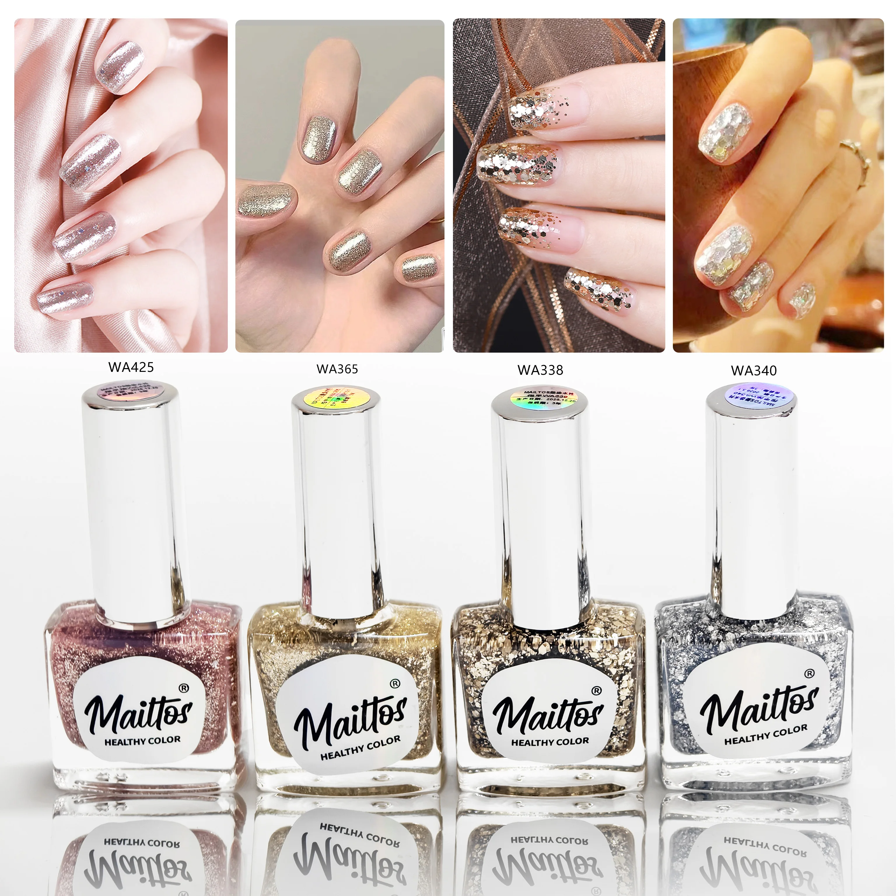 

12mlx4 [425/338/340/365]Metallic Glam Quartet, Water-based Nail Polish, Oderless, dry quickly, No need lamp, easy tear