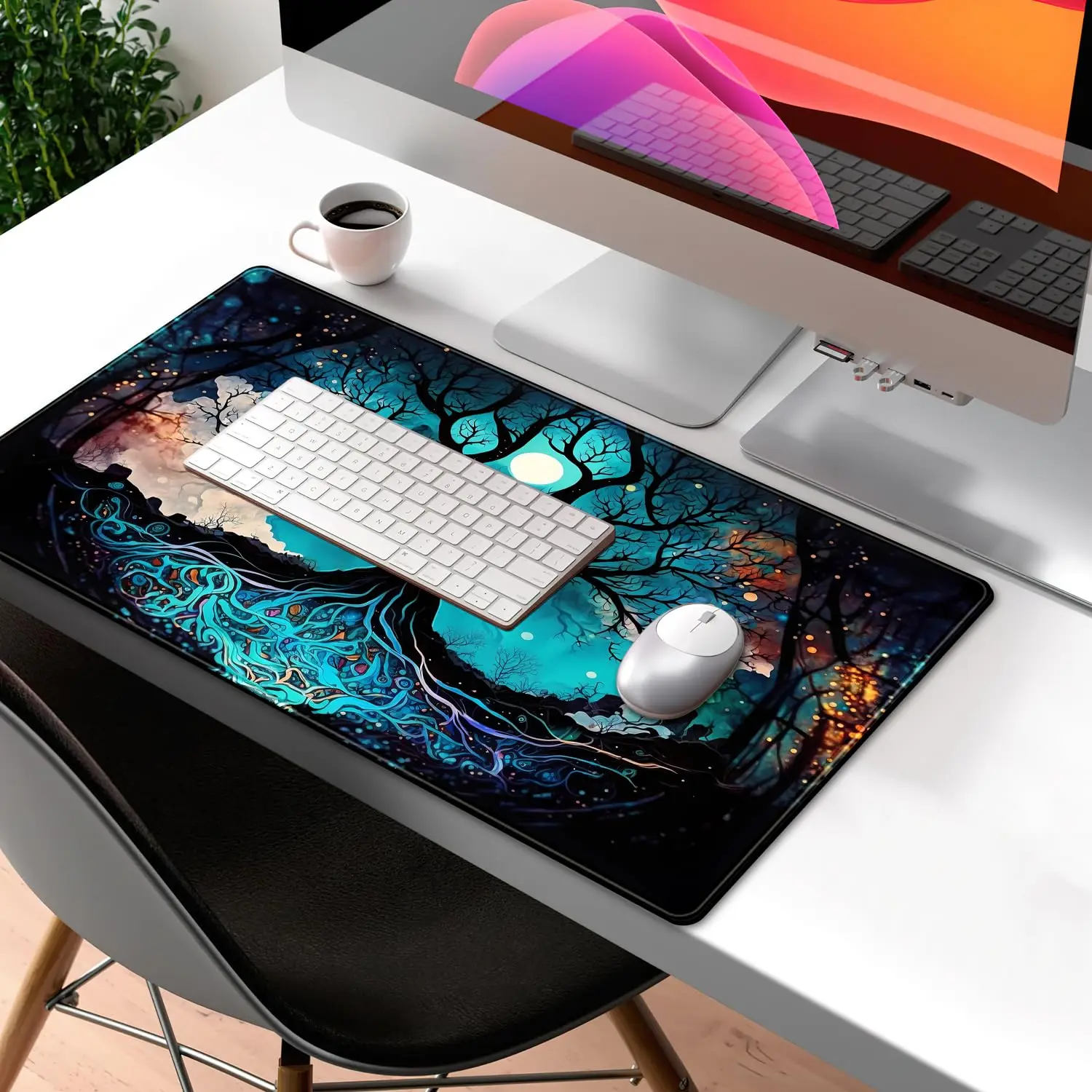 Vintage Blue AI Desk Pad Large Flower Mouse Pad XXL Plant Mousepad Laptop Computer Keyboard Mat Office Desk Decor