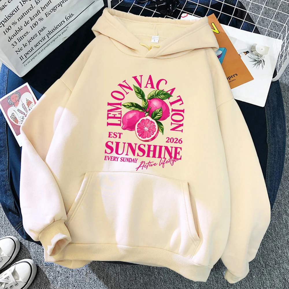 Lemon Vacation Pink Fruit Print Men Hoodies Winter Oversized Pullover Pocket Jogging Sweatshirts Basic Fleece Warm Male Tops