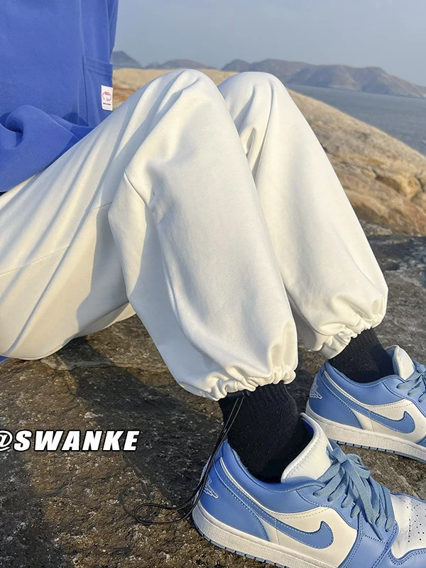 

Pure White Dstring Trousers Men's Casual Straight Leg Loose Fit Summer Faionable Street Sle Hong Kong Trend