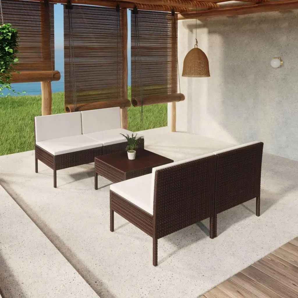 

5-Piece Brown Poly Rattan Patio Lounge Set with Cushions – Outdoor Furniture for Relaxation