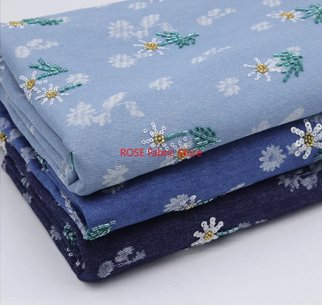 Daisy Sequin Bead Embroidery Blue Denim Fabric For Pants Jacket Telas Para Costura Tissus Couture ткань Cloth Material Sewing