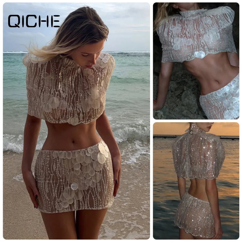 QICHE Women Silver Mesh Sequin Shell‑Decor Stand‑Crop Top & Low‑Rise Bodycon Mini Skirt Two‑Piece Outfit Set