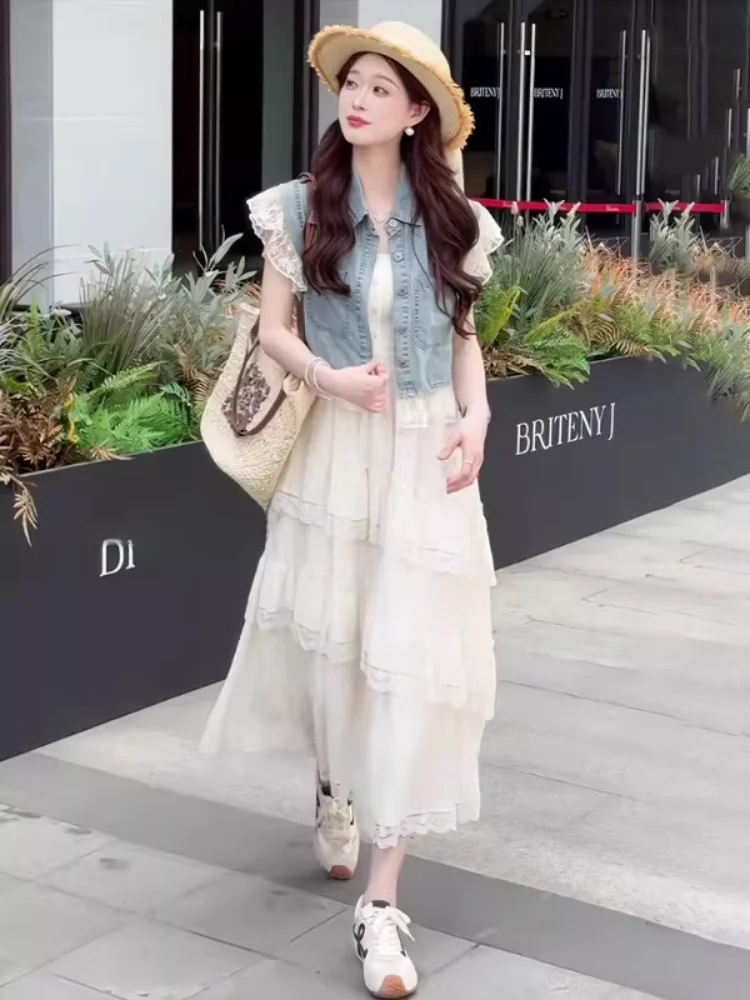 

Lace Trim Denim ort Sve Vest Jaet Women's New 2026 Summer Elegance Strap Dr Set Long Pants Collar Button Closure