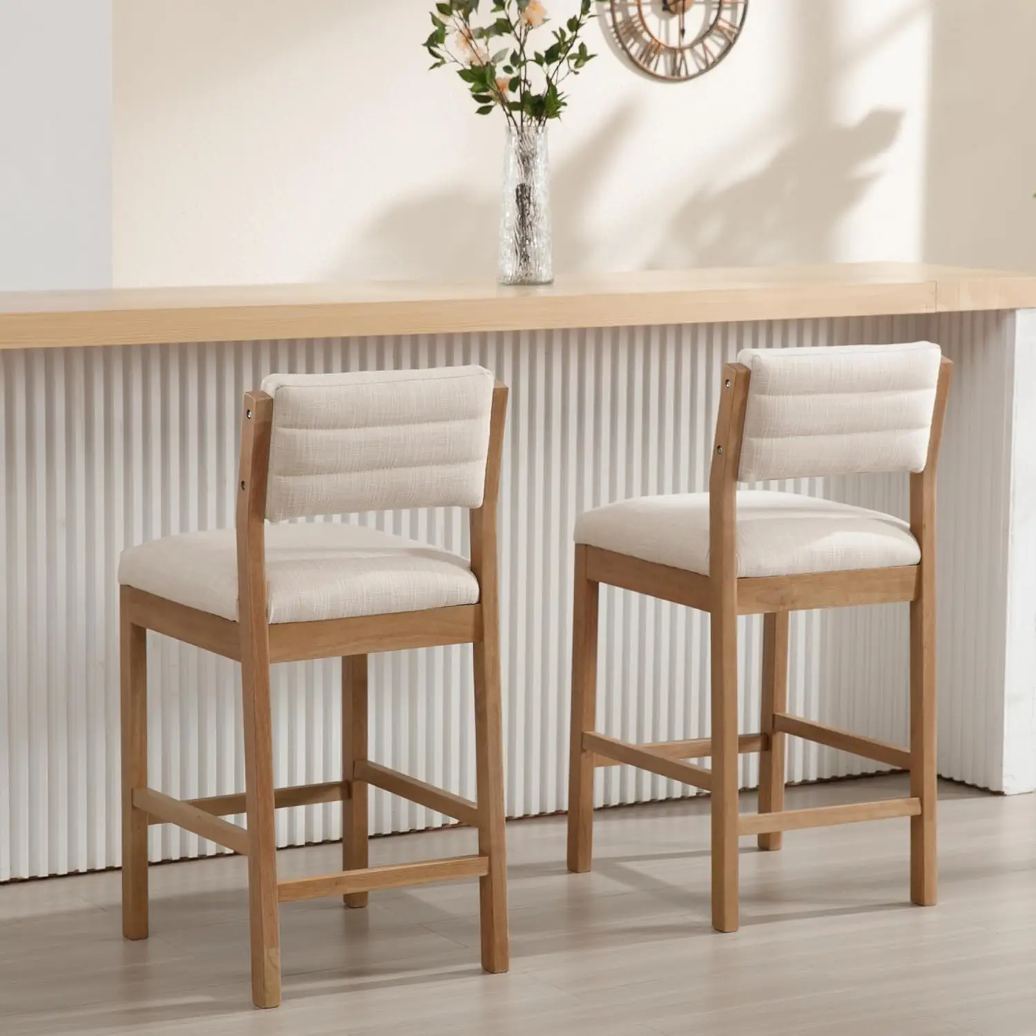 26' Counter Height Bar Stools Set of 2, Modern Upholstered with Back, Wood Legs, Beige Linen Farmhouse Kitchen Chairs