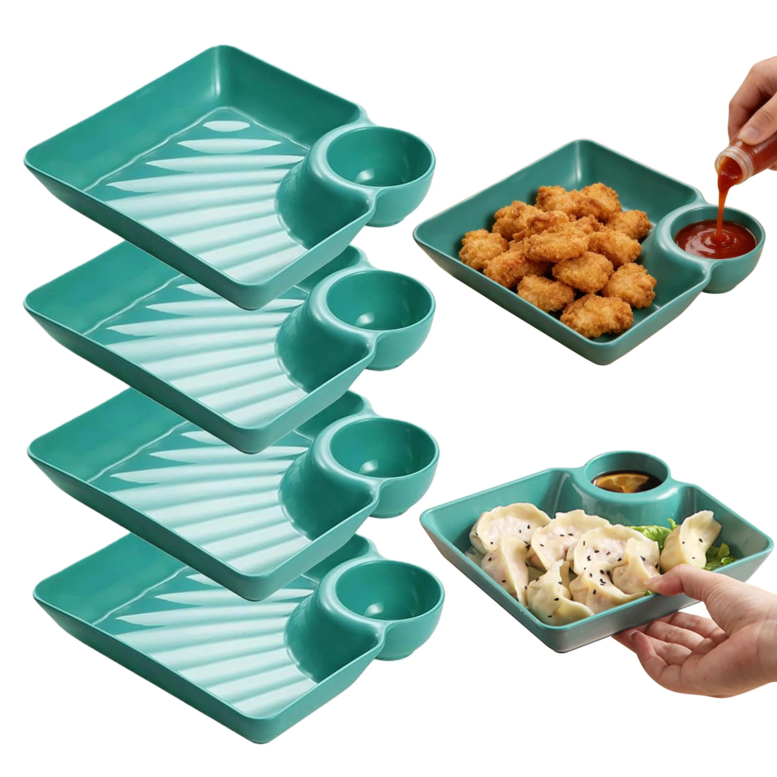 4Pcs Chips and Dip Plates Reusable Dumpling Plate with Dipping Saucer for Appetizer Sushi Taco Salsa Charcuterie