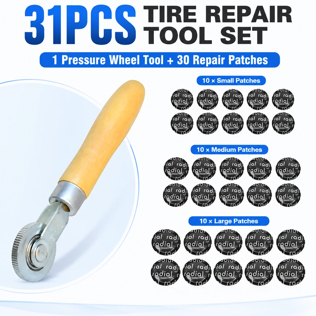 31Pcs Tire Patch Repair Kit, Tire Roller Tool with Wooden Handle + 30Pcs Rubber Tire Repair Patches (Small/Medium/Large), Tyre P