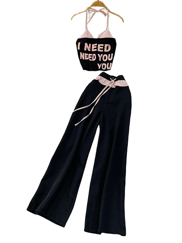 طقم ثلاثي القطع على الطراز الأمريكي: توب أنبوبي محبوك مثير مع طباعة حروف، وبنطلون طويل عالي الخصر للتنحيف #2