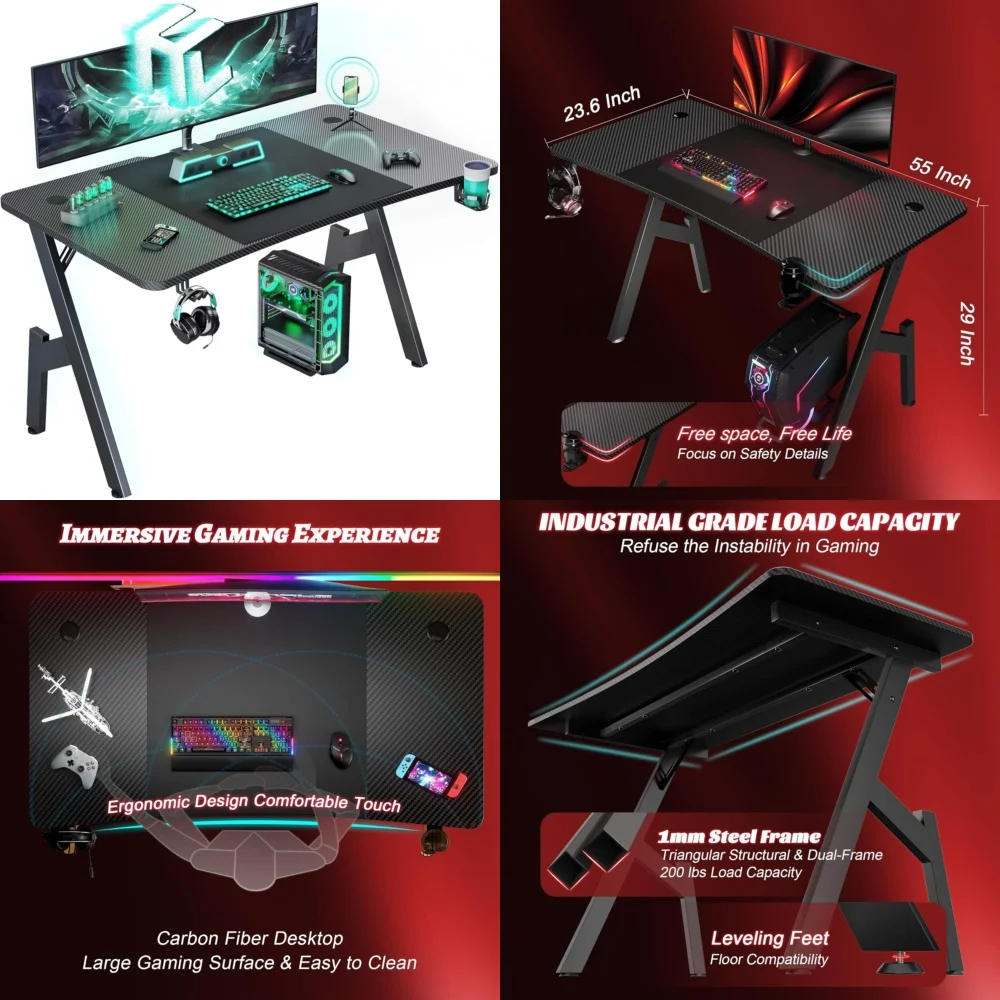 

55 inch gaming desk with cup holder and mouse pad large computer table for gamers ergonomic design LED compatible spacious