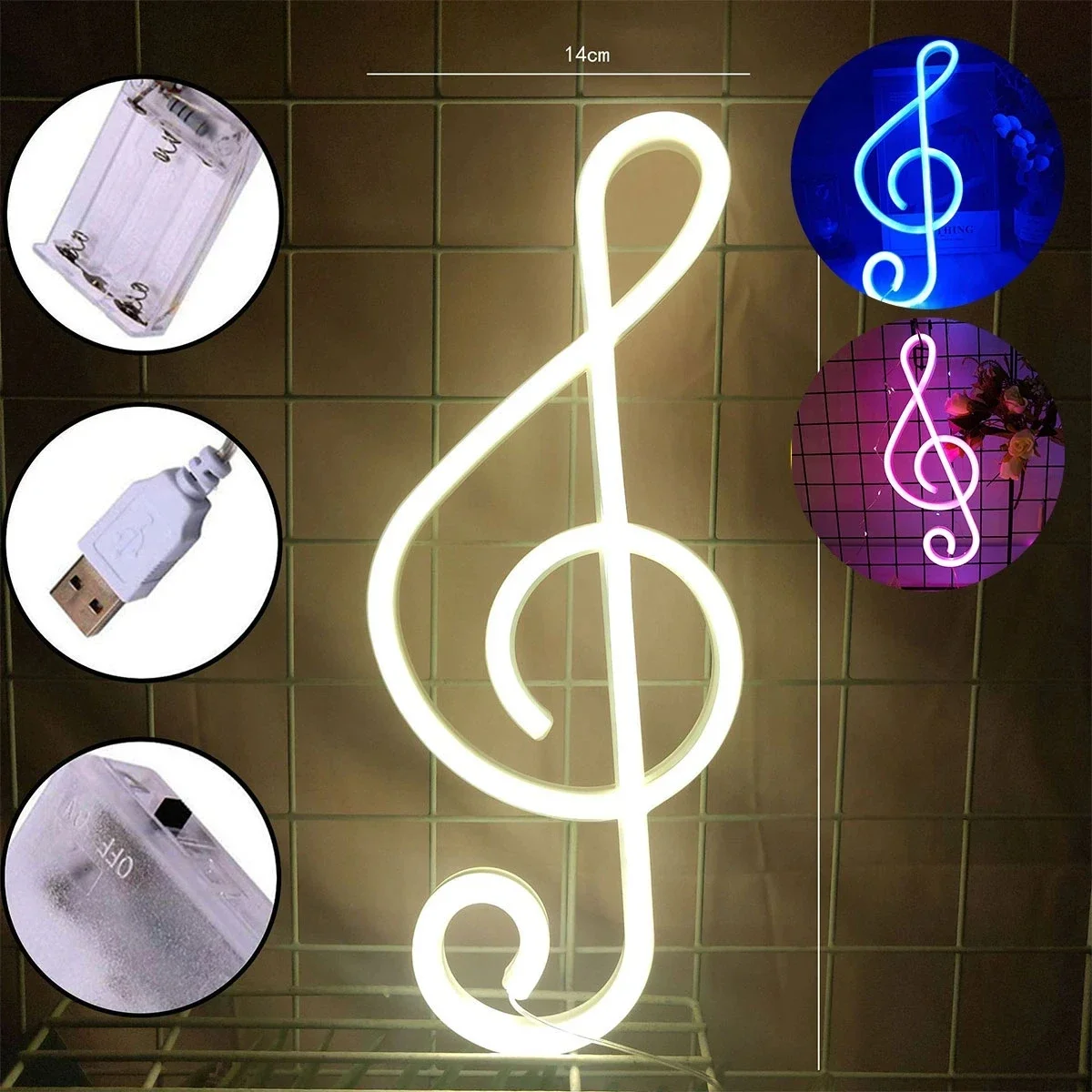 LED Music Note Neon Sign Light, Bateria ou USB Powered, Lâmpada de néon colorida, montado na parede, Music Bar Nightlight, mesa decorativa