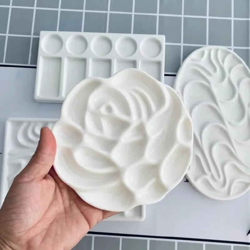 

Палитра для акварели из имитации керамики, многосекционная, для рисования акварелью, белая, в форме волны, с розовым узором, профессиональные принадлежности для живописи