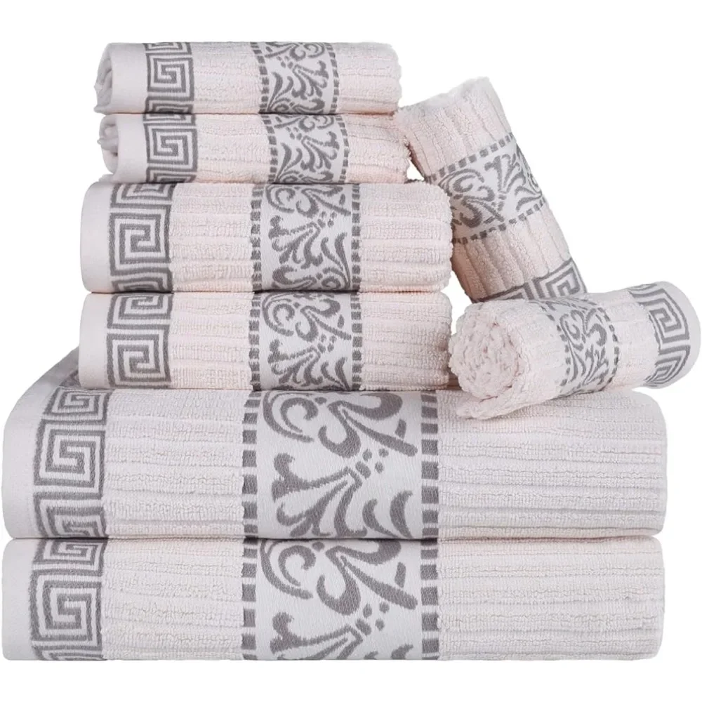 

Superior 8-Piece Cotton Towel Set, Decorative Greek Pattern, Home Essentials,Absorbent Towels, Decor for Bathroom, Spa