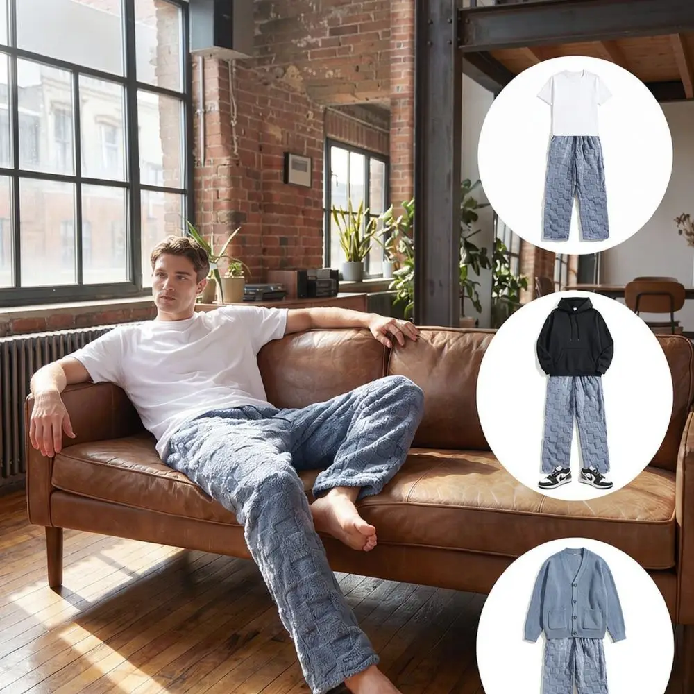 Mens Autumn Plaid Trousers Straight Leg Casual Pants Fleece Thermal Sweatpants Comfortable Elastic Waist Breathable Male Gear