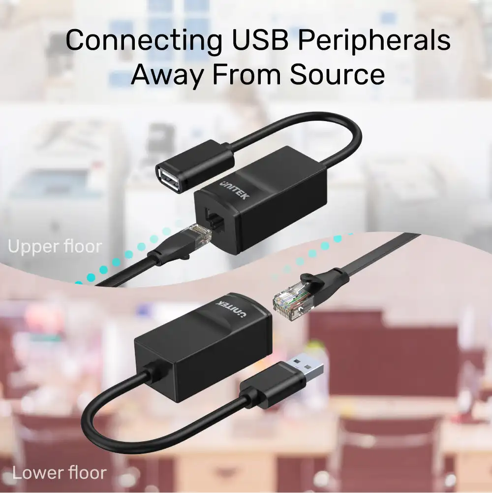 UNITEK 2pcs USB to RJ45 LAN Cable Extension Adapter USB Extender Over Cat5 Cat5e Patch Cord for Networking Accessories Black