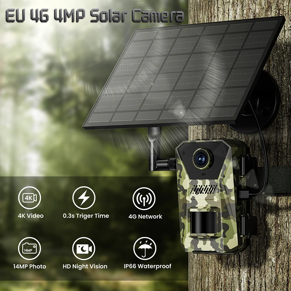 

EU 4G 4MP Solar Camera PIR Motion Activated Trail Cameras IP65 Outdoor Infrared Night Vision Video Cams For Wildlife Monitoring