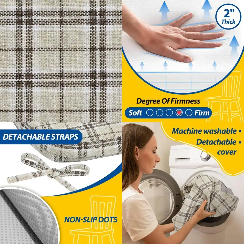 

Yellow Checkered 2 Thick Seat Cushions with Ties, Removable Washable Covers, 17 x 16, Pack of 6