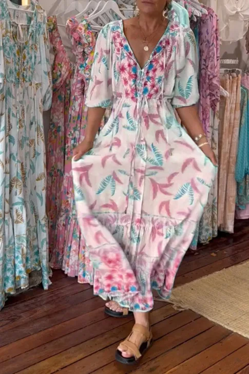 Elegancka plisowana sukienka z nadrukiem z dekoltem V dla kobiet Casual Holiday Long Lady Outfit 2025 Spring Summer A-Line Boho Maxi Dresses Vestido