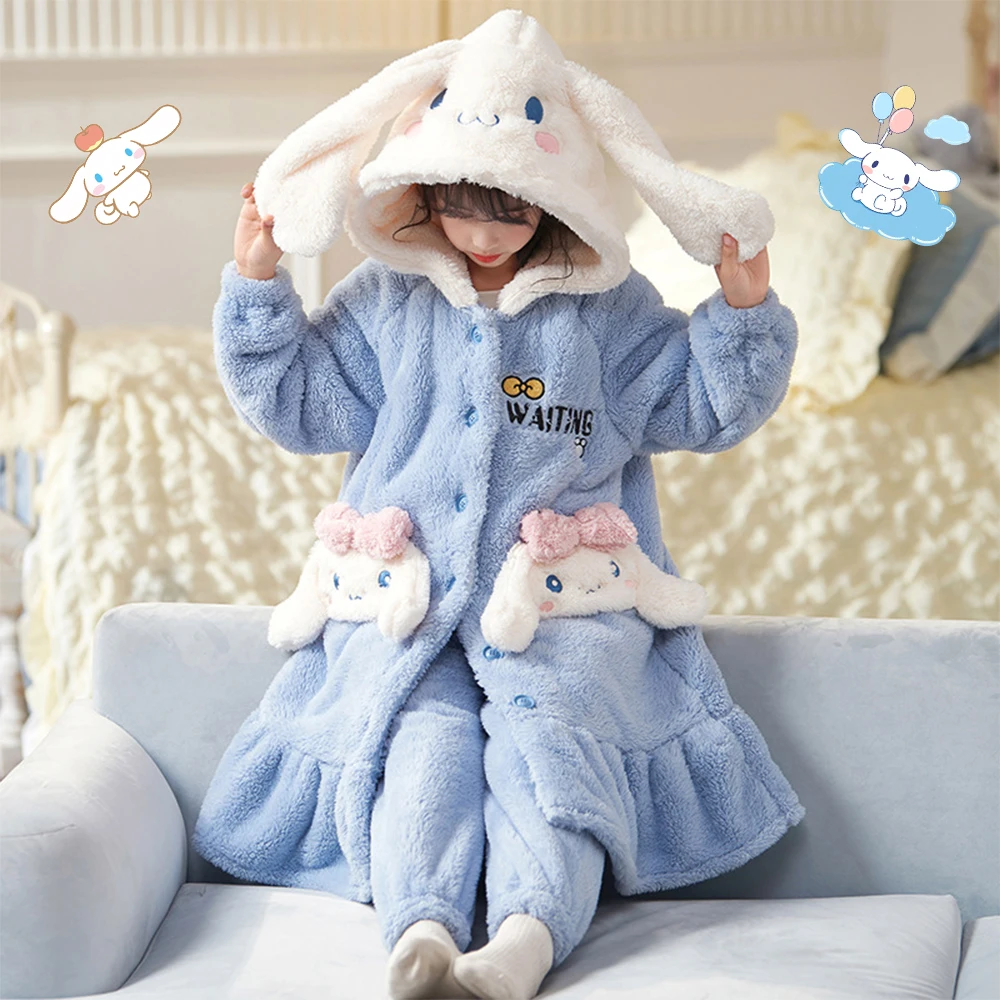 

2Pcs Cartoon Cinnamoroll Kawaii Kid Girl Flannel Robe Pajamas Sanrio Anime Hooded Cute Autumn Winter Warm Children Homewear Gift