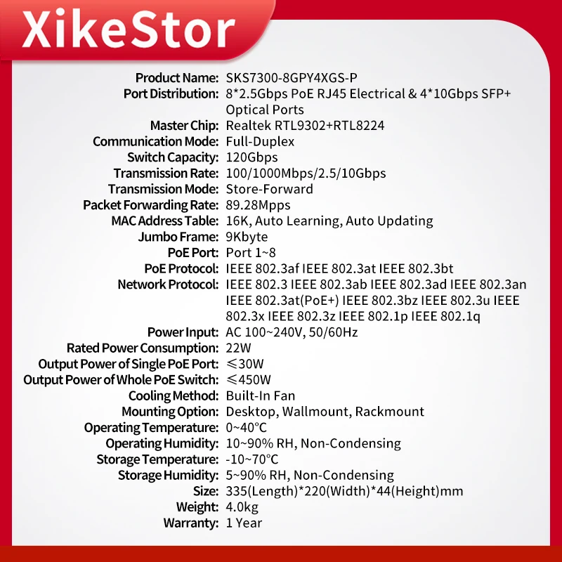 XikeStor 12 Port 2.5G L2 Managed PoE Switch 8 2.5G RJ45 & 4 10Gbps SFP+ Ports WEB/CLI Management Port Aggregation VLAN Division